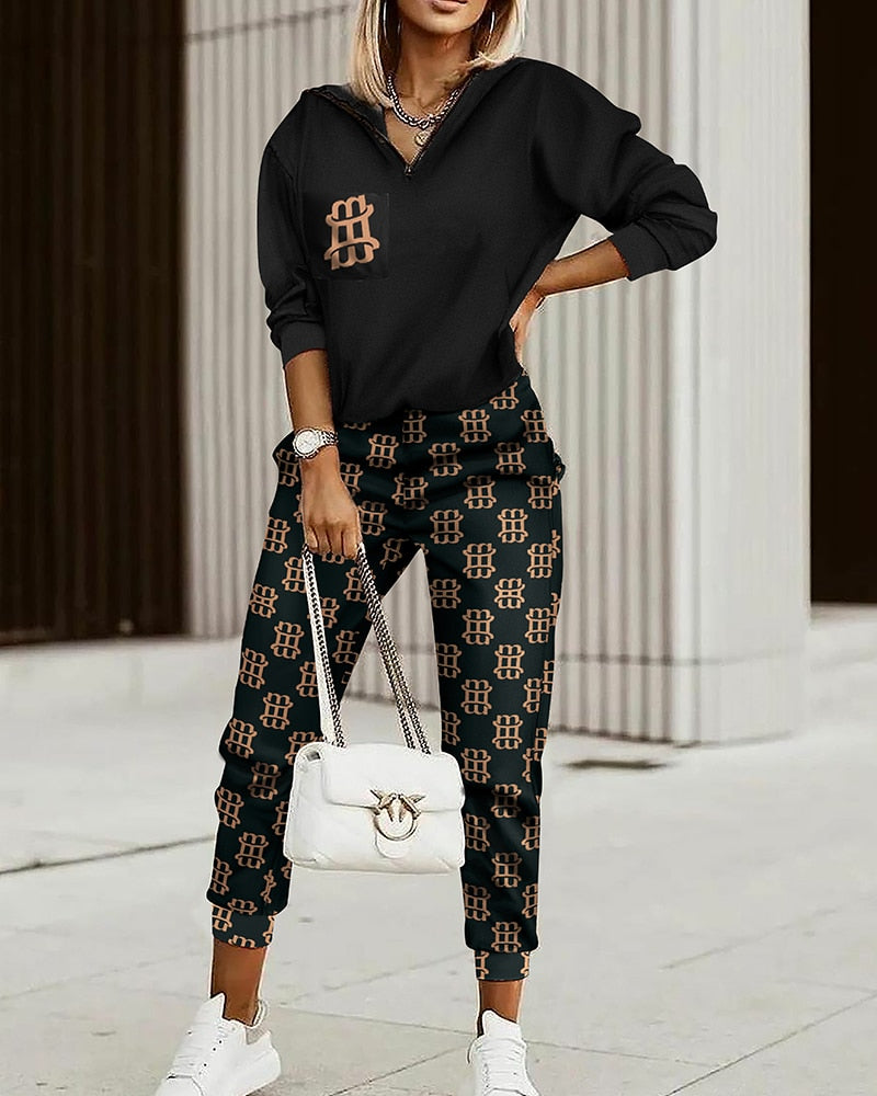 Conjunto estampado e xadrez com zíper frontal, em cotton