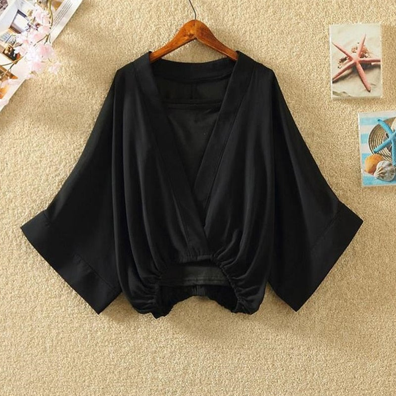 Woman 2021 Two Piece Set Striped Chiffon Grid Summer Half Sleeve Loose V-Neck Floral Autumn Cool Blouses Sweet Ladies Short Tops