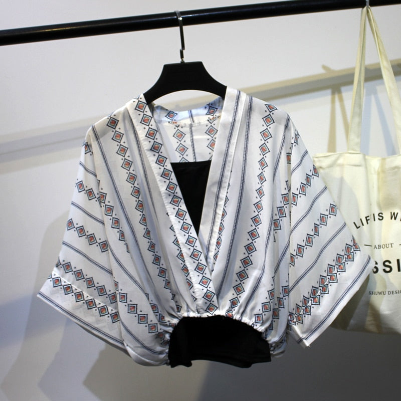 Woman 2021 Two Piece Set Striped Chiffon Grid Summer Half Sleeve Loose V-Neck Floral Autumn Cool Blouses Sweet Ladies Short Tops